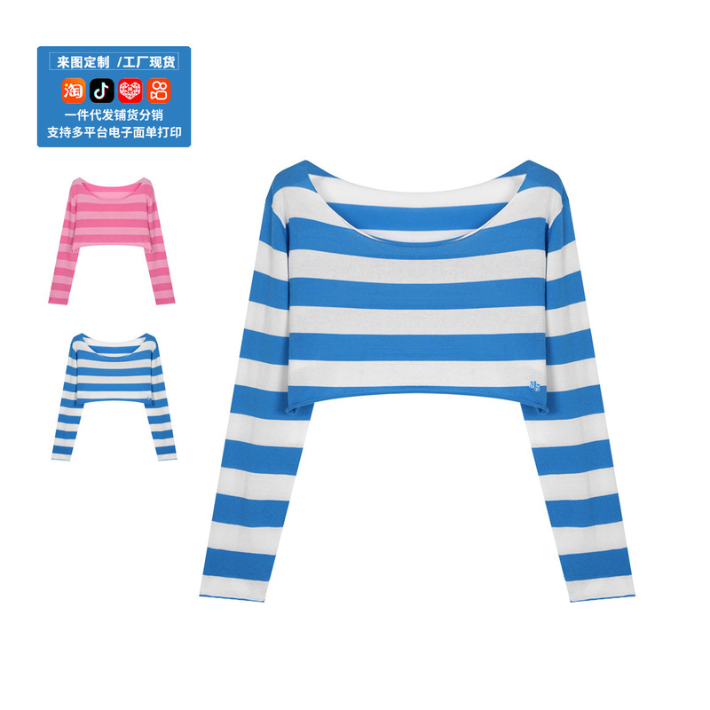 Sweet and Youthful Women's Spring-Summer Blue and White Striped Crop Top with Long Sleeves, Casual Long-Sleeve Top for Petite Girls, Factory Direct Sale Sweet and Youthful Women's Spring-Summer Blue and White Striped Crop Top with Long Sleeves, Casual Long-Sleeve Top for Petite Girls, Factory Direct Sale
