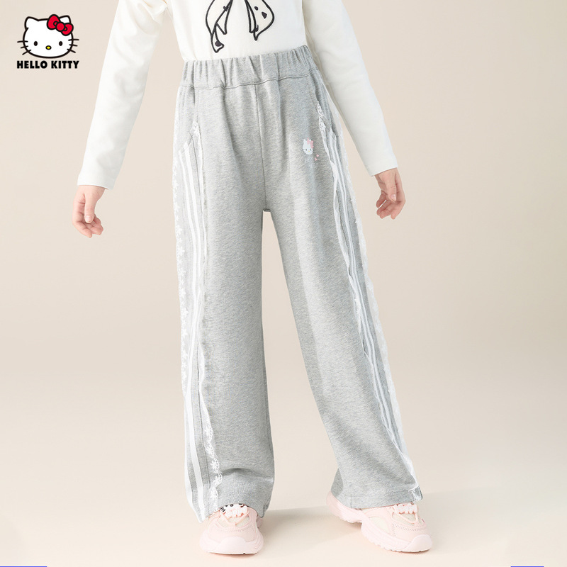 HelloKitty凯蒂猫女童秋季卫裤2025新款蕾丝花边中大童装阔腿裤子|undefined