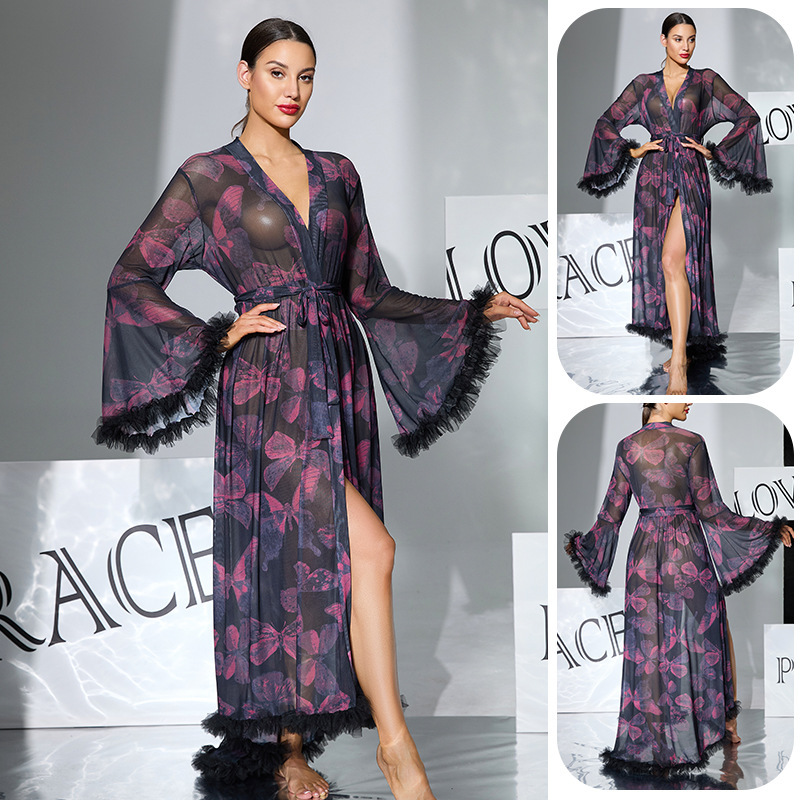 European and American Style Bell-Sleeve Butterfly Print Mesh Nightgown with Lace-Up Tassels, Frayed Edges, High Slit Bathrobe Loungewear 1119 European and American Style Bell-Sleeve Butterfly Print Mesh Nightgown with Lace-Up Tassels, Frayed Edges, High Slit Bathrobe Loungewear 1119
