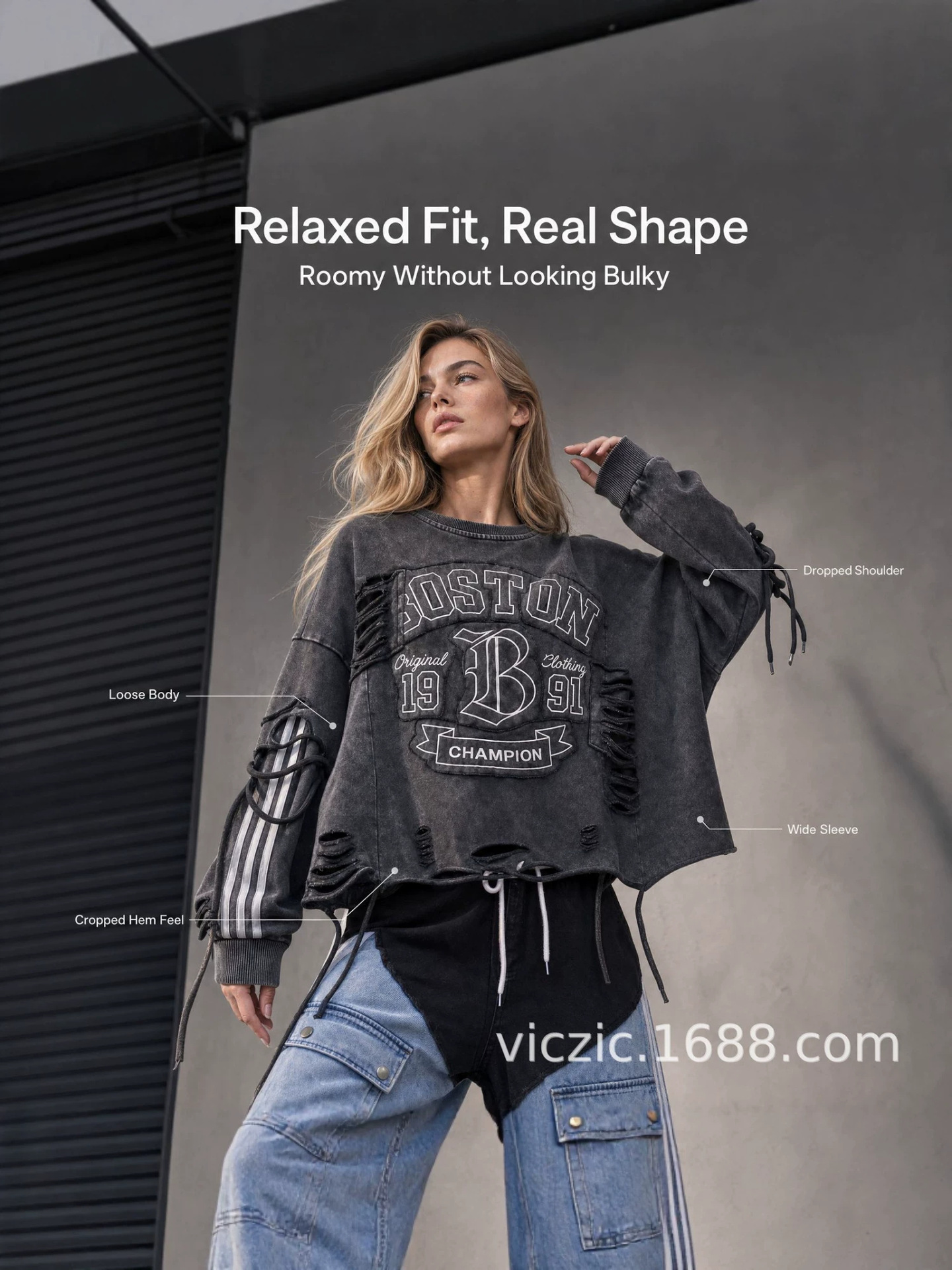 Sudadera Corta de Manga Larga para Mujer, Estampado de Letras, Bordado, Corte Holgado, para Estilo Urbano