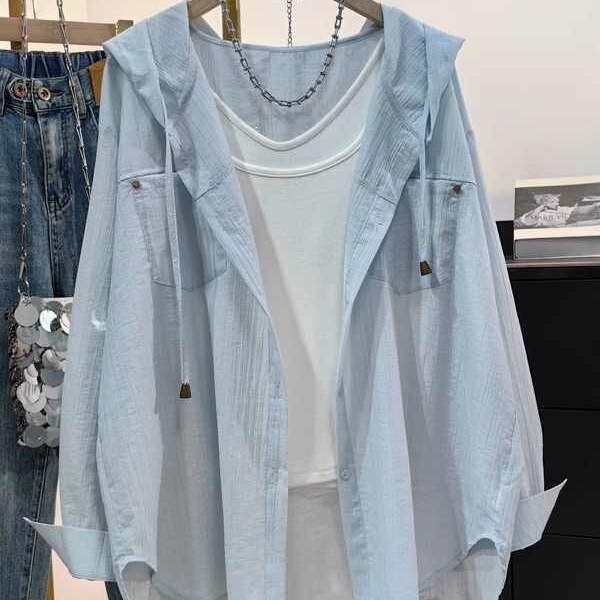 Plus-Size Hooded Shirt for Women, 2026 Summer New Style, Loose Korean Version, Casual Versatile Sun Protection Top, Thin Jacket