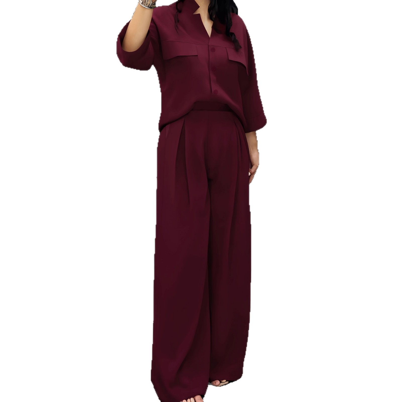 Elegant Two-Piece Set: Short Sleeve Top With Flowy Wide-Leg Pants For Women Autumn Winter Office Casual Outfit Solid Color Knit Jumpsuit Alternative_ecoleips.com