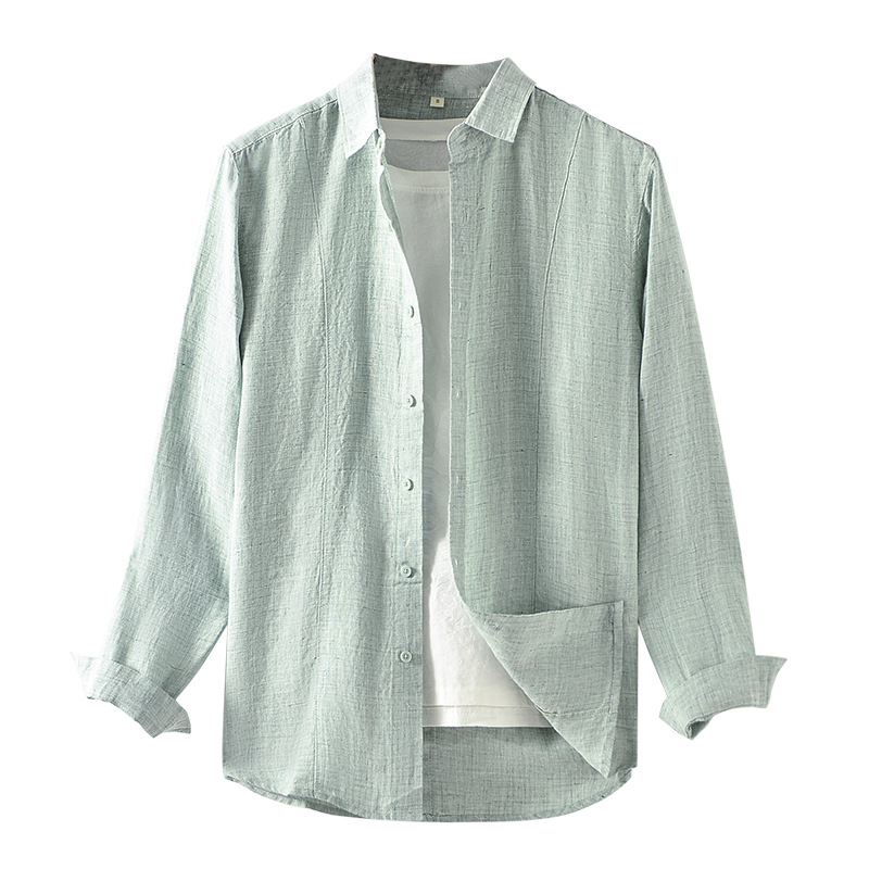 Camisa de Lino de Manga Larga para Hombre, Primavera 2025, Nueva, Holgada, Informal, con Cuello Camisero, Color Sólido, E008