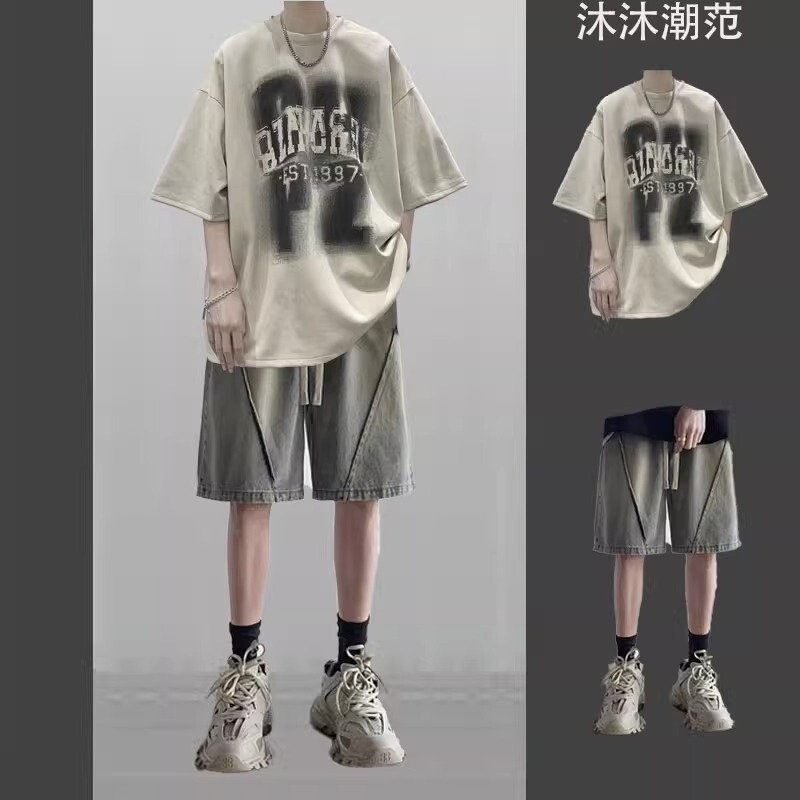 Short-Sleeved T-Shirt Suit for Boys, Summer Trendyy Loose Set with Men's Handsome Denim Shorts Two-Piece Set