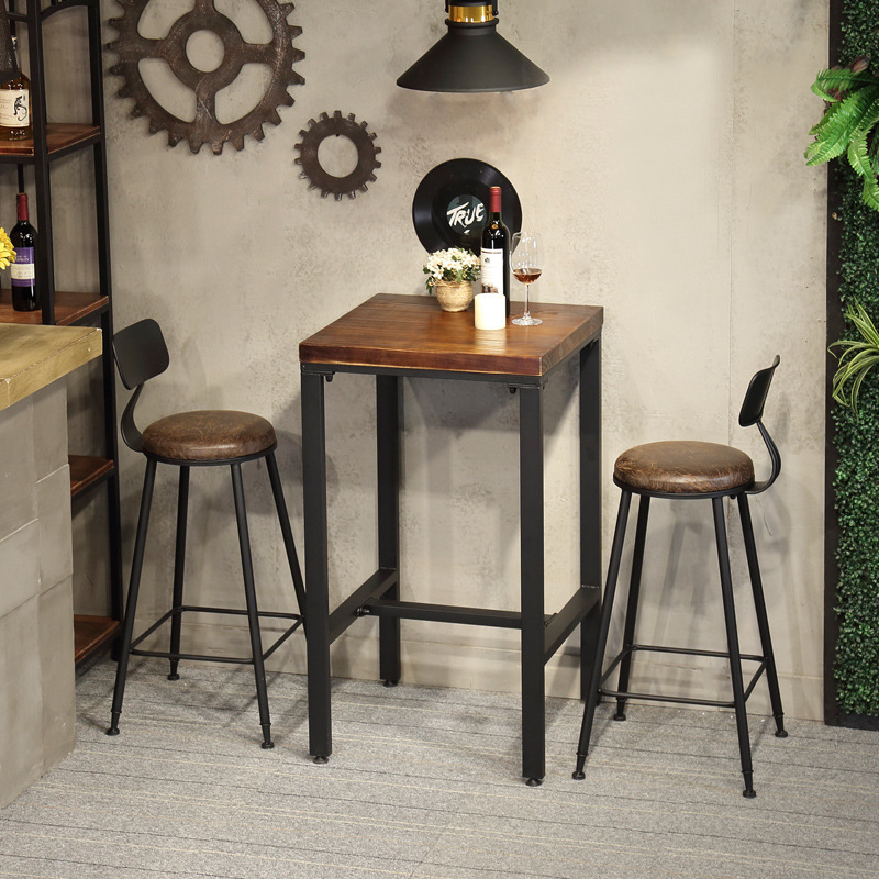 American Retro Iron Bar Chair Combination Milk Tea Shop Fashion Wall Table and Chair Bar Solid Wood Square Negotiation Table