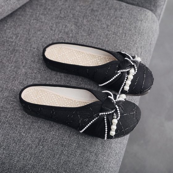 2023 Summer slippers women's old Beijing cloth shoes ethnic style linen flat Women's outer wear closed toe fairy style half slippers women