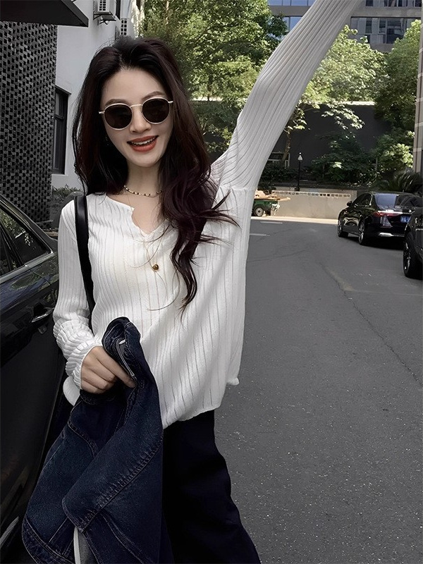 法式高级感独特漂亮白色V领上衣女2025年秋季新款针织衫设计小众|undefined