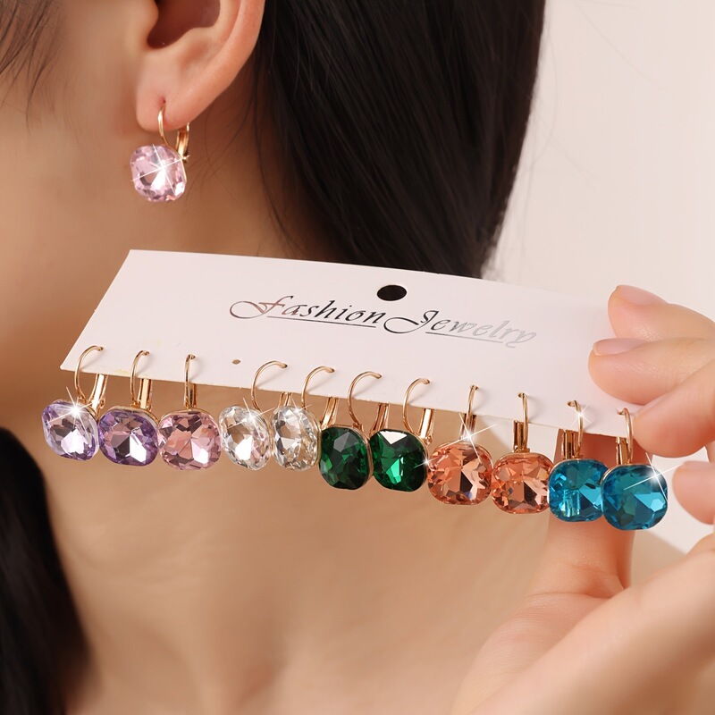 Cross-Border New Jewelry Square Colorfuled Diamond Earrings Set Accessible Luxury High-End Gorgeous Geometric Alloy Earrings Cross-Border New Jewelry Square Colorfuled Diamond Earrings Set Accessible Luxury High-End Gorgeous Geometric Alloy Earrings