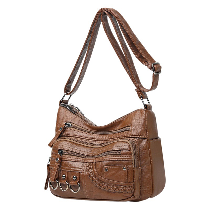 Comercio exterior nuevo bolso de las mujeres lavado suave de cuero con textura bolso de hombro de gran capacidad Multi-Bolsillo europeo y americano hombro bolsa de mensajero