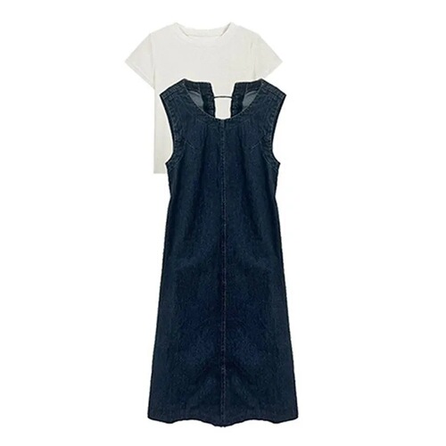 Retro sleeveless V-neck denim dress with lace-up back, long skirt, white short-sleeve T-shirt set for women