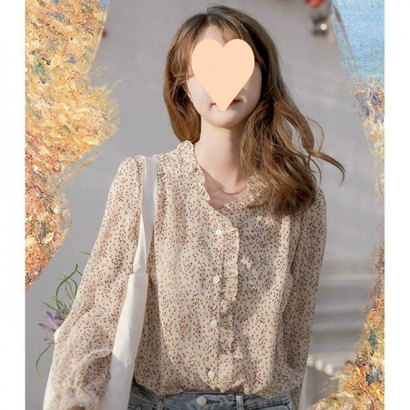 Маленькая шифоновая рубашка с цветочным принтом, женская рубашка с длинными рукавами, модная маленькая рубашка-топ
