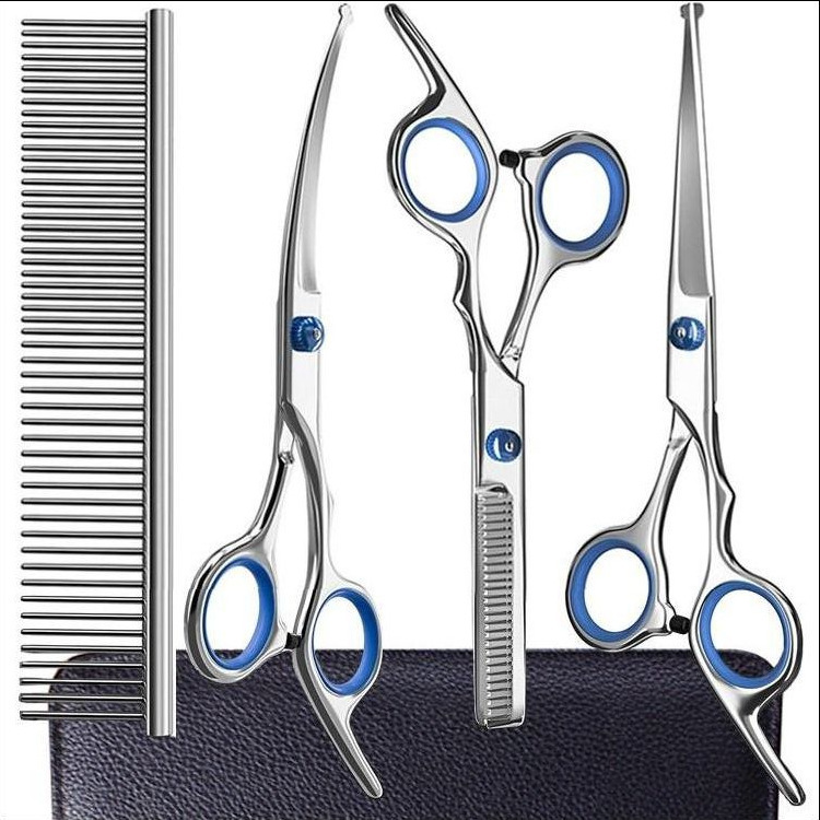 All-steel integrated fish mouth - flat scissors + dental scissors + upturned + steel comb + leather bag (blue snail and blue circle)