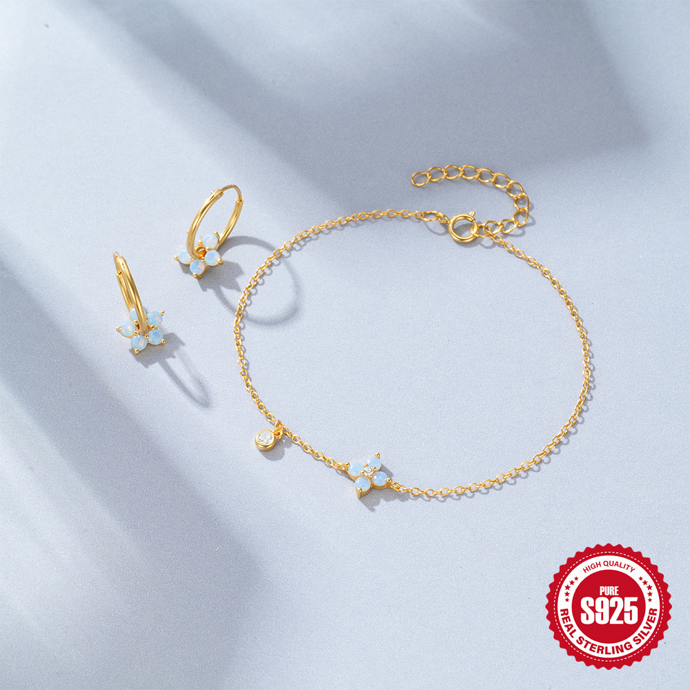 Commuter simple desgaste s925 plata de ley azul ópalo costura Lucky trébol elemento arete conjunto de pulsera