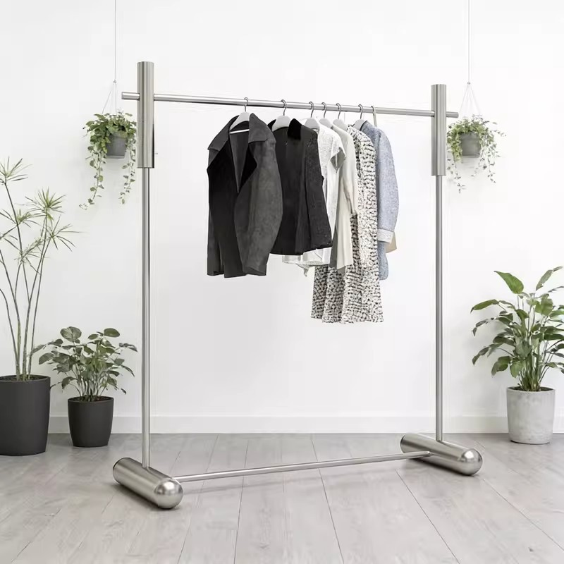 Tienda de ropa estante de exhibición tienda de ropa para hombres y mujeres en la isla estante de props de exhibición estante de acero inoxidable grueso tipo colgante de suelo image 1