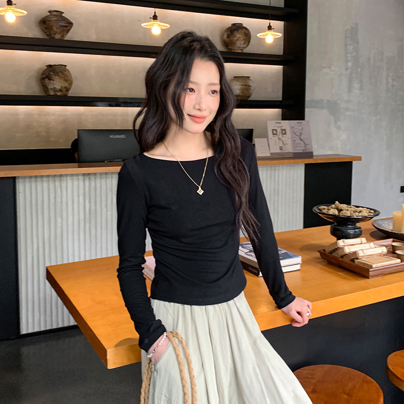 Factory Hot-Selling Off-Shoulder White Slim-Fit Long-Sleeve T-Shirt for Women, New Commuter Style, High-End Niche, Unique Design