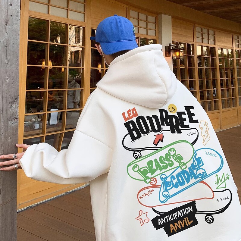 Men's new white hooded sweatshirt with colorful skateboard graffiti letter print on the back, trendy street style, loose fit