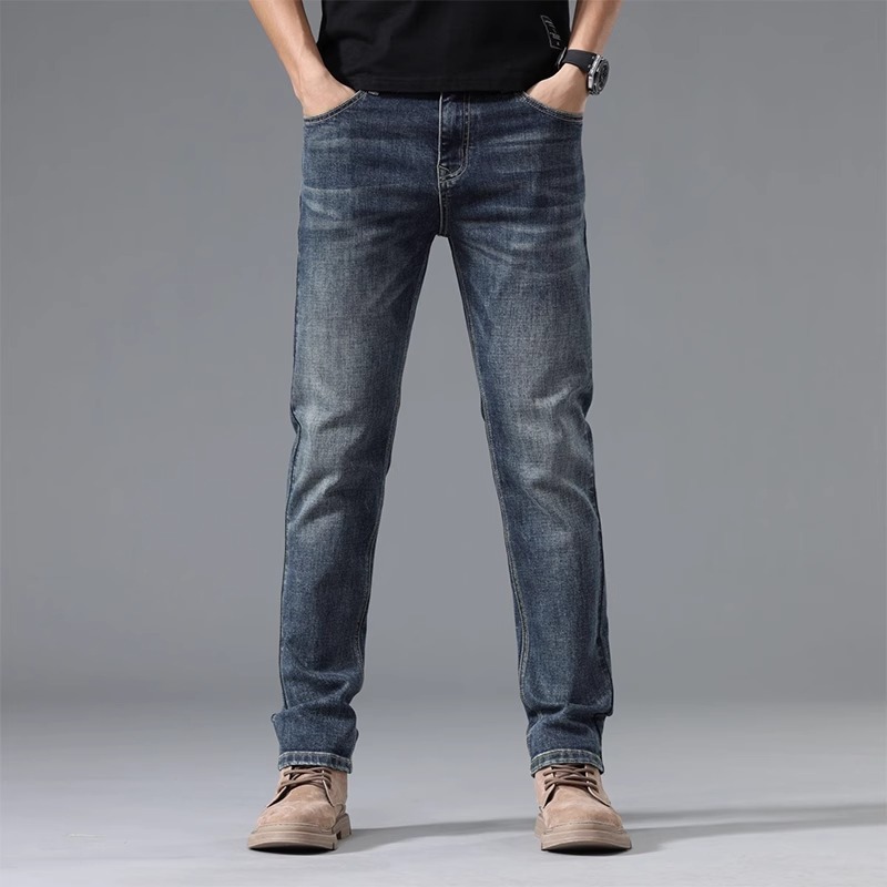 De alta gama de algodón puro 2025 nuevos jeans para hombres primavera y otoño nuevos pantalones largos elásticos azules retro sueltos rectos para hombres