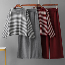 休闲套装女新款早初秋女装韩版条纹上衣休闲阔腿裤时尚气质两件套