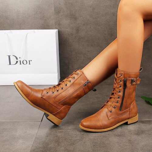 Martin boots for women, size large, round toe, thick heel, laced, side zipper, solid color, mid-calf