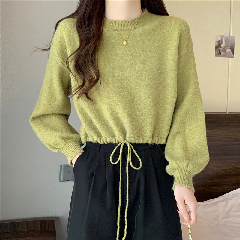 Coreano de color sólido simple perezoso estilo pequeño suéter de moda de otoño y invierno de cuello redondo cuerdas sueltas jersey de tendencia image 4