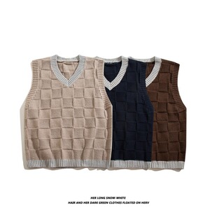 V-Neck Knitted Vest Men's Spring and Autumn Japanese Style Vintage Casual Loose Square Plaid Base Shirt
