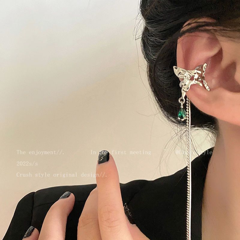 Micro incrustaciones de ZIRCON borla larga sin oreja clip de oreja hembra estilo frío Sentido de alto grado sin dolor clip de hueso de oreja pendientes pequeños de aspecto facial