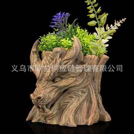 跨境国风玄幻龙首树桩花盆 装饰性绿植种植容器161