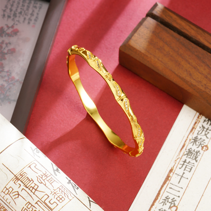 Antiguo estilo vietnamita oro arado temperamento retro puntos de perforación de bambú sección Fu-tipo pulsera de fijación para mujeres joyas no se desvanecen a largo plazo