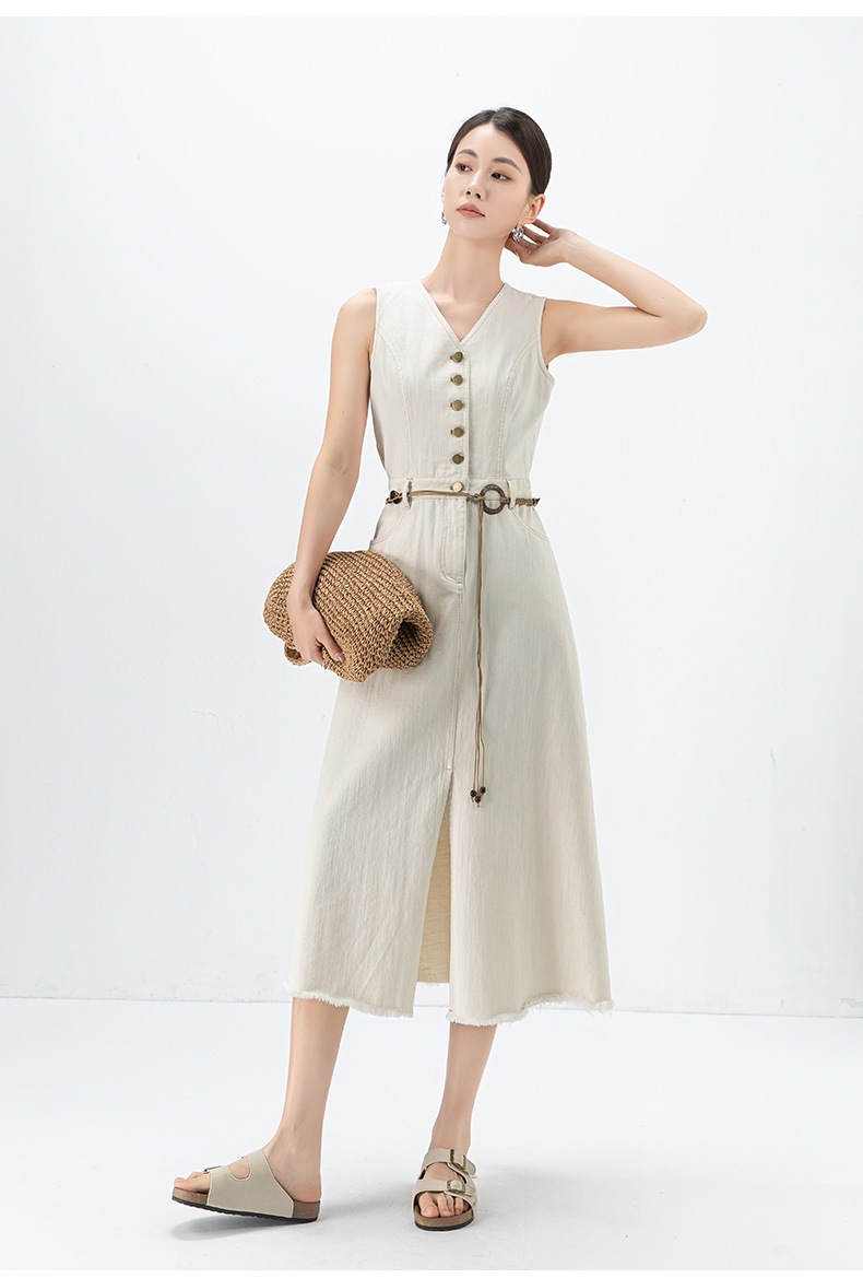 Đầm maxi nữ không tay cổ tròn phong cách Pháp chất jean mềm — màu trắng chi tiết 23