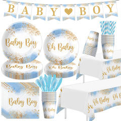 现货蓝色baby boy派对套装新生儿生日餐具一次性纸杯纸巾桌布纸盘
