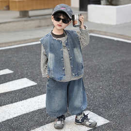 男童春季马甲三件套2026春秋装衣服新款儿童韩版洋气牛仔套装潮