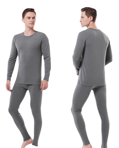 Men's Set of Thermal Innerwear with Fleece Lining, Round Neck, Fitted, for Autumn/Winter
