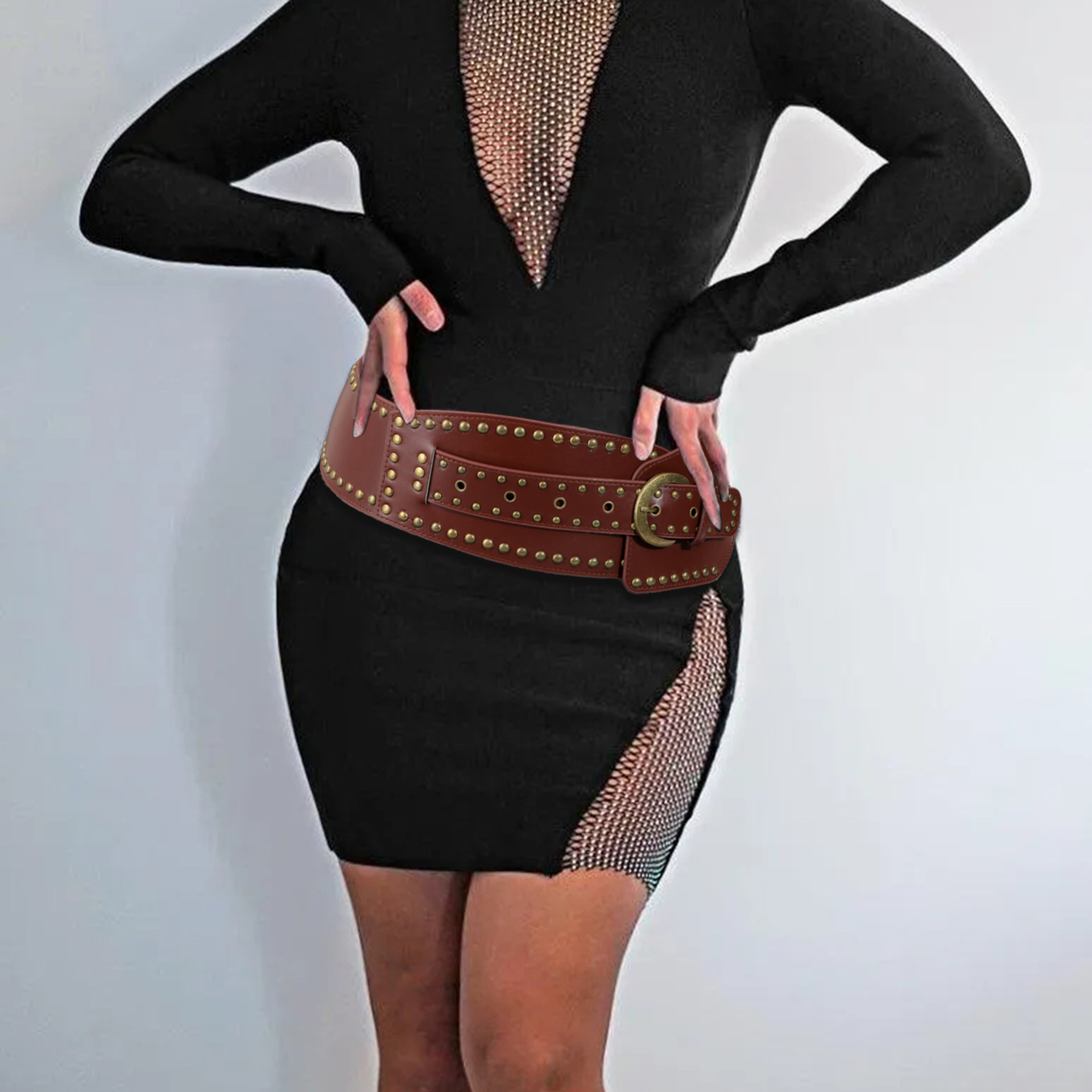 Nuova cintura transfrontaliera, coprivita Spicy Girl con rivetti punk decorativo gonna tendenza industria pesante occidentale abbinata a fibbia ad ago per cintura accattivante_voghion.com