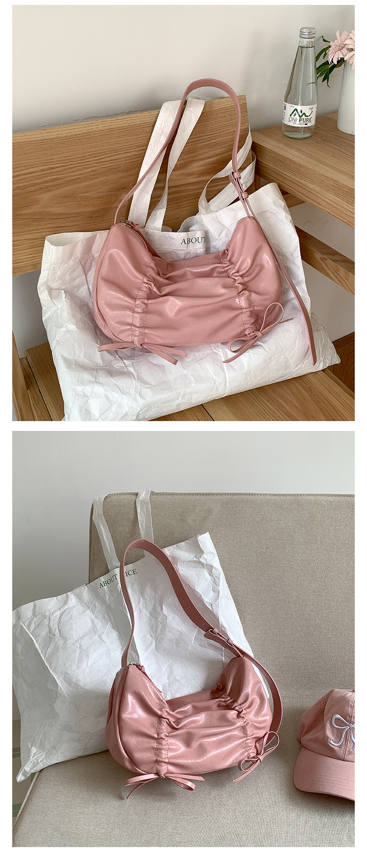 Versione coreana in morbida pelle plissettata 2024 nuovo fiocco tinta unita stile di nicchia alla moda spalla singola sotto le ascelle_voghion.com