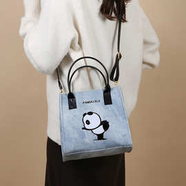 跨境可爱熊猫手提包简约斜挎包便携通勤包时尚百搭女包潮流小方包
