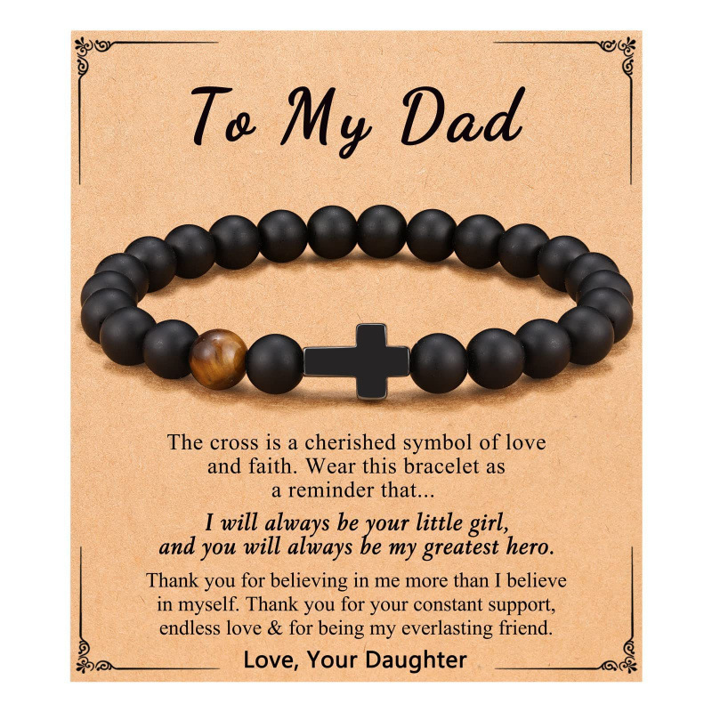 Men's Black Frosted Bracelet 8mm Tiger Eye Stone Black Frosted Cross Beaded Bracelet Obsidian Cross Bracelet
