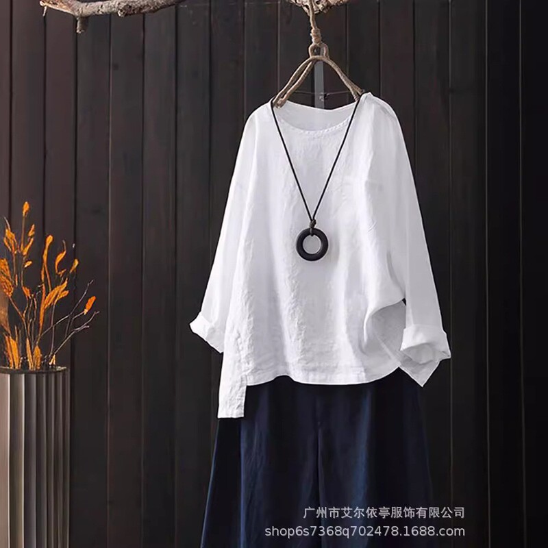 Cross-Border Export Women's Clothing 2025 New Amazon Aliexpress Pure Color Cotton and Linen Irregular Hem Shirt Now Loose