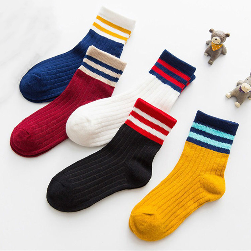 Kid's Socks Children Tube Socks Spring and Summer Tide Mid-Calf Length College Style Two Bars All-Matching Striped Students Autumn and Winter Sports Long Socks