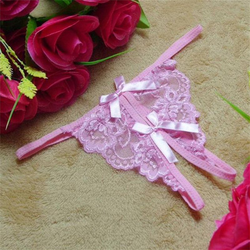 Open-Crotch Lace Thong Panties, Sheer Polyester Women’s Lingerie, One Size Pink — detail image 12