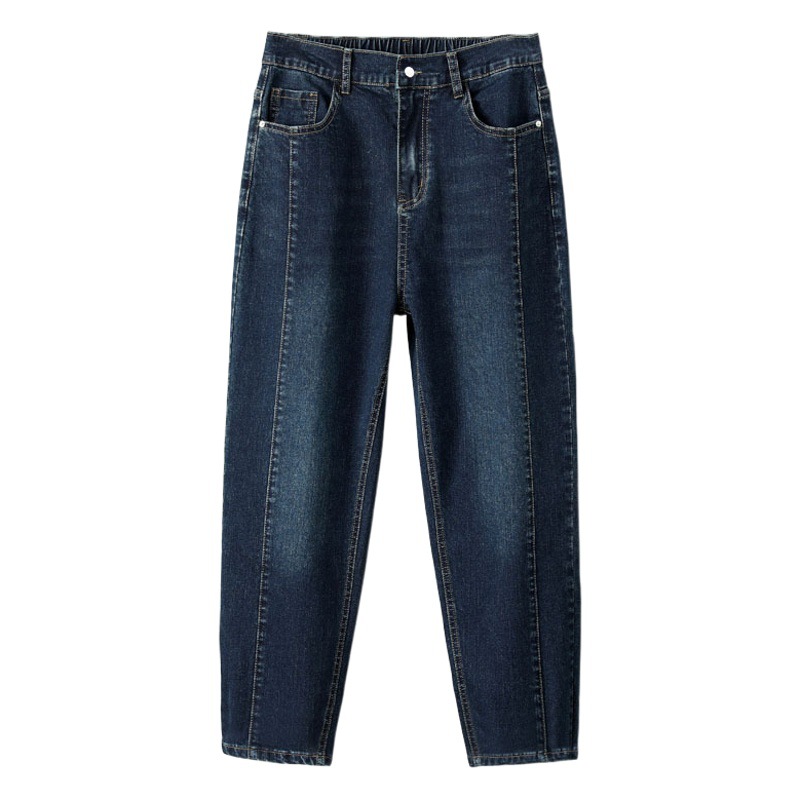 Spring and Autumn New Fat Girl Nine-Point Pants Gray Blue Stretch Jeans Women's 115kg Elastic High Waist Pants Loose and Slim