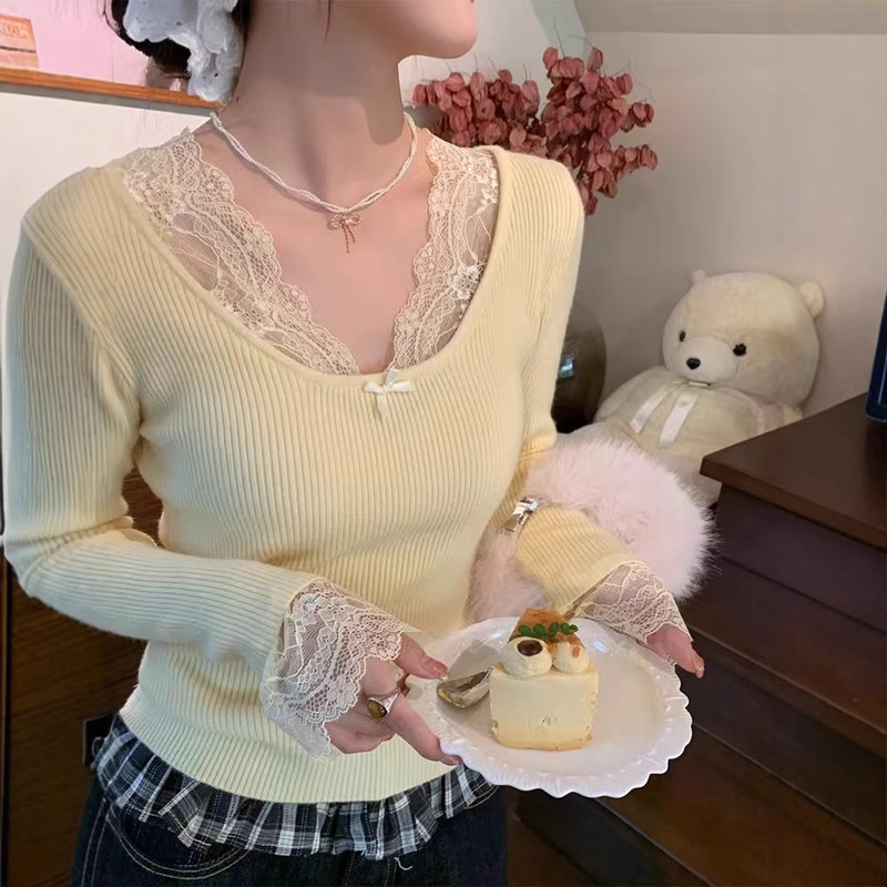 Kayi Daichun Wants V-Neck Bow Lace Girl's Long-Sleeved Base Shirt Girl's Comfortable All-Match Knitted Base Shirt