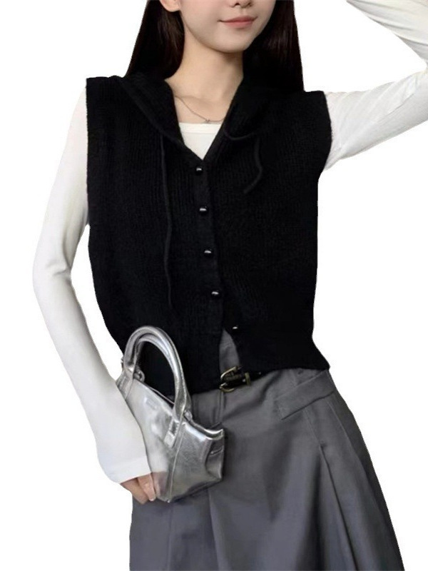 24 invierno Puyuan chaleco de punto para mujeres de principios de otoño chaleco sin mangas coreano corto cardigan con sombrero image 6