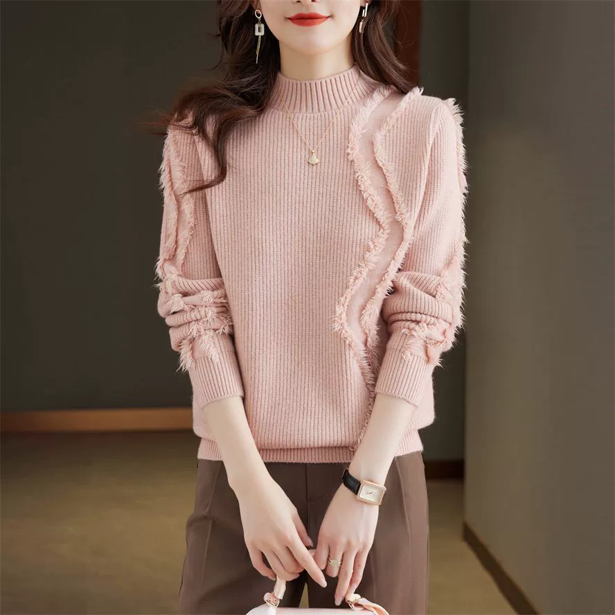 2024 Розовый свитер с бахроной женской короткой осенью и зимой 2024 новый вязаный нижний свитер с полувысоким воротником