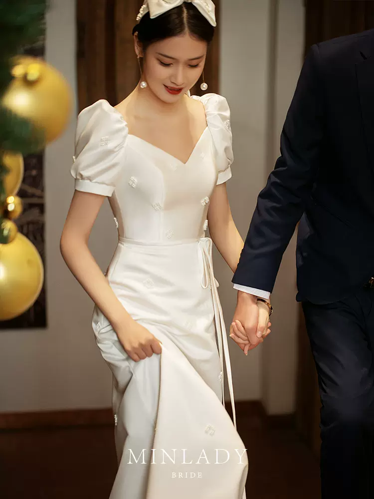 名斓|情书 敬酒服2025新款新娘白色缎面气质轻婚纱订婚小晚礼服女