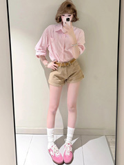 日系学院风粉色条纹衬衫女早秋宽松长袖休闲夏季防晒衬衣外套上衣
