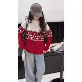 秋冬款女中大童新款韩系复古费尔岛提花毛衣女秋冬厚感保暖针织衫