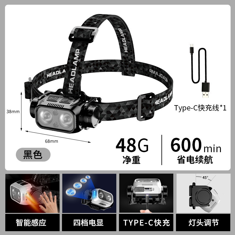 Lámpara de cabeza calva fuerte larga duración de la batería superbrillante carga inductiva LED iluminación portátil linterna al aire libre pesca nocturna ligera portátil