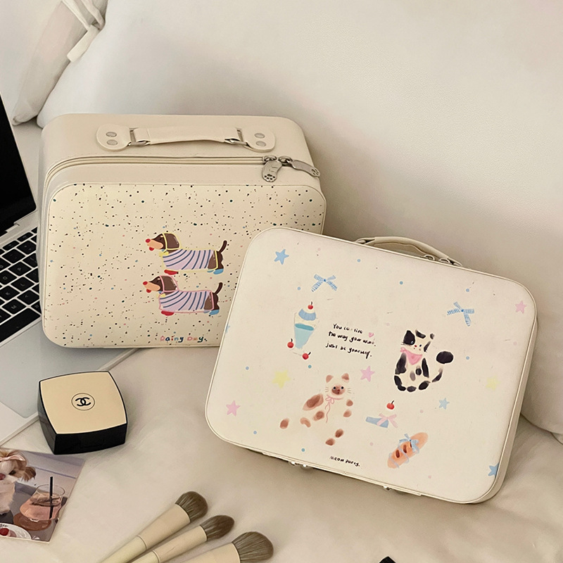 Bolsa de cosméticos original con espejo, caja de cosméticos portátil portátil de gran capacidad, bolsa de almacenamiento de viaje linda, bolsa de lavado impermeable