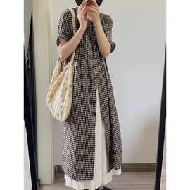 日系黑白格子衬衫裙连衣裙女夏季宽松松弛文艺裙子