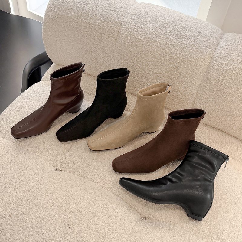 Women's Height-Increasing Short Boots 2026 New Autumn/Winter Black Martin Boots Square-Toe French Ankle Boots Suede Slim Boots